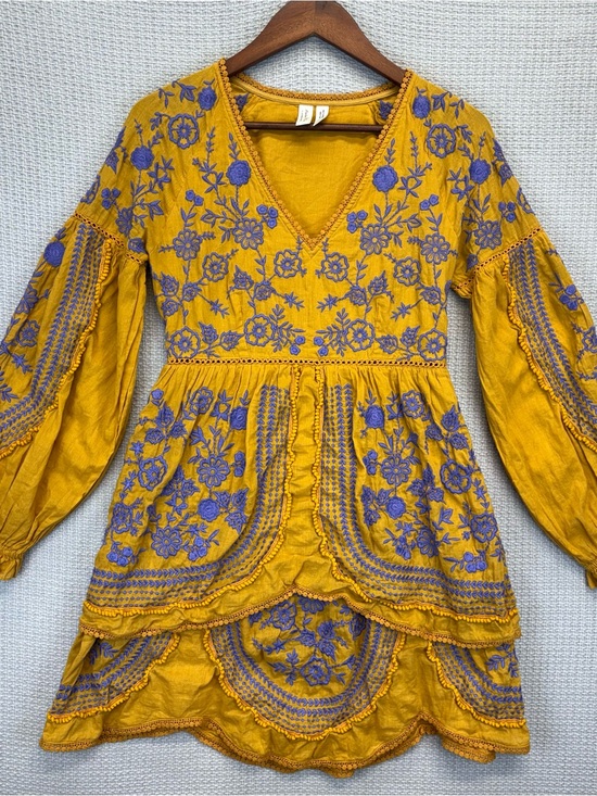 Anthropologie Dresses & Skirts - Anthropologie Alena Embroidered Boho Yellow Mustard Floral Peasant Dress XS
